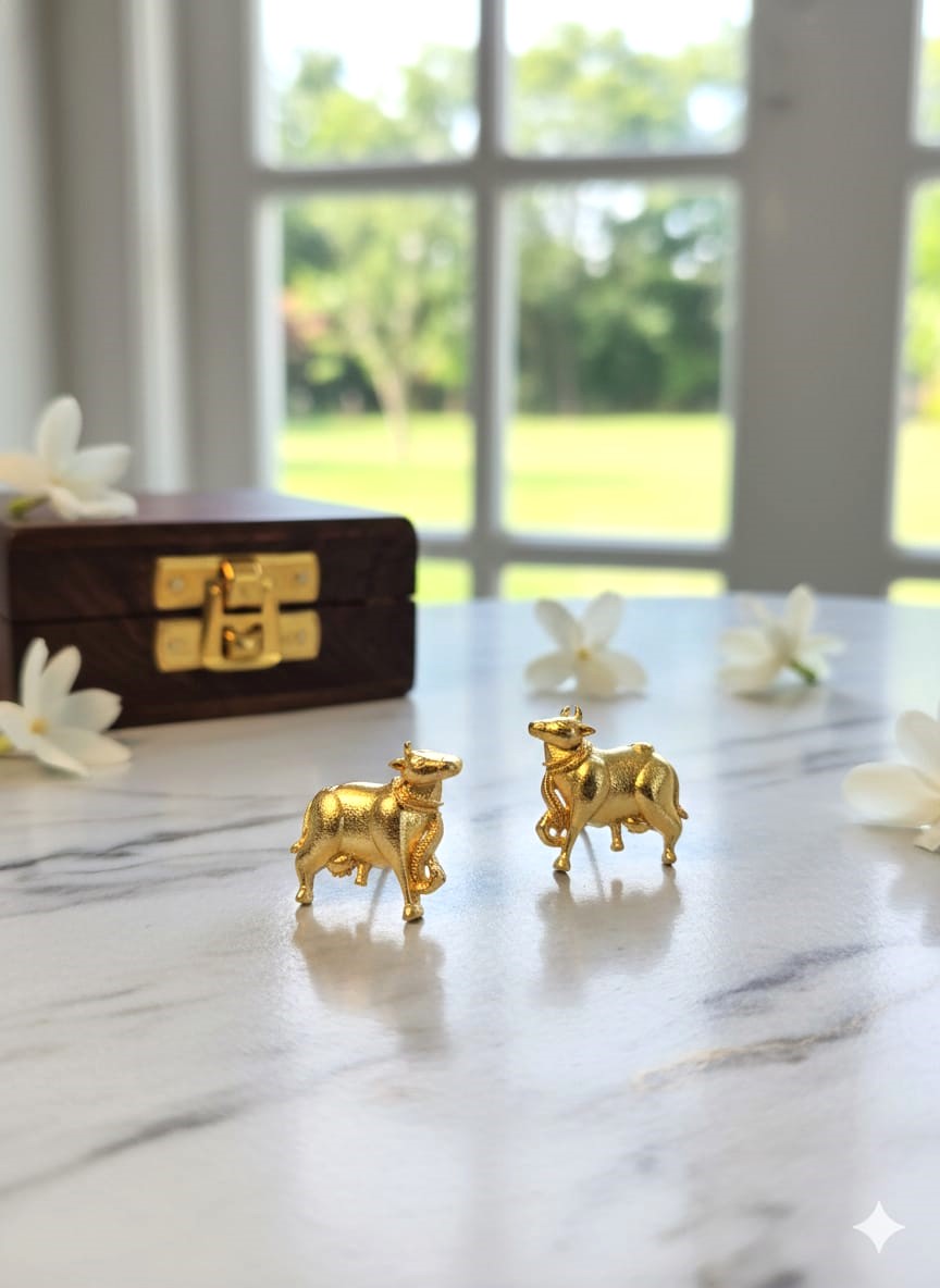 Traditional Gold Bull Stud Earrings for Women | Brass Nandi Motif Ethnic Earrings