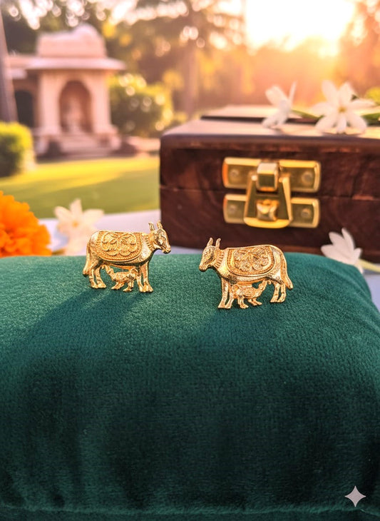 Traditional Gold Cow Stud Earrings for Women | Brass Kamdhenu Motif Earrings