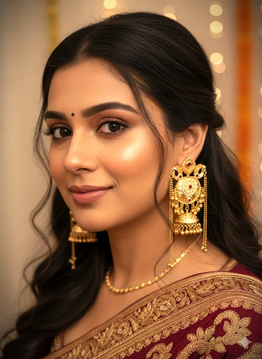 Traditional Gold Polish Jhumka Earrings in Brass | Bridal & Wedding Wear Statement Earrings