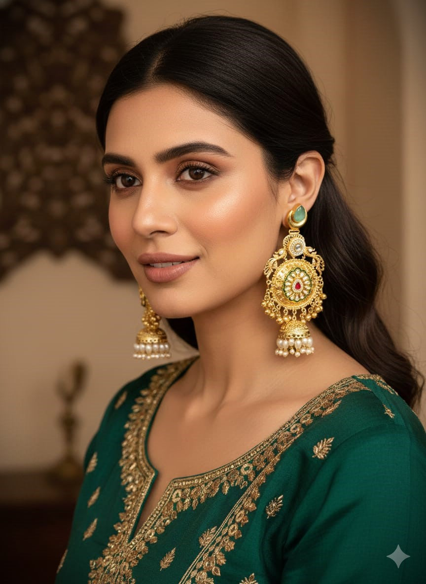 Traditional Gold Polish Kundan Jhumka Earrings with Pearls | Bridal & Festive Wear Brass Earrings