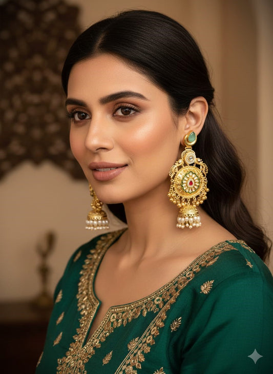 Traditional Gold Polish Kundan Jhumka Earrings with Pearls | Bridal & Festive Wear Brass Earrings