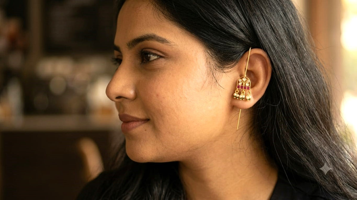 Traditional Kundan Ear Cuff with Pink Stones & Pearl Bead