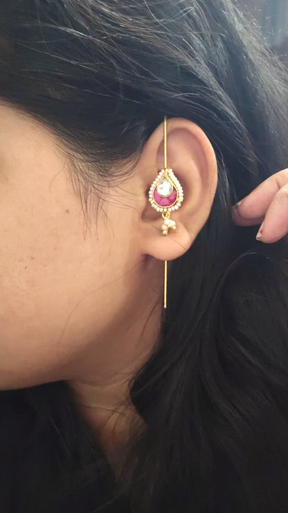 Traditional Kundan Ear Cuff with Pink & white Stones