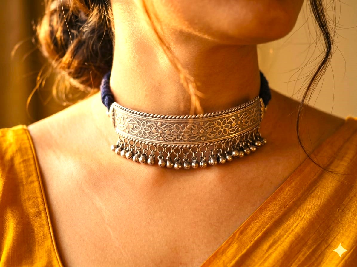 Traditional Oxidised Silver Floral Ghungroo Choker Necklace for Women
