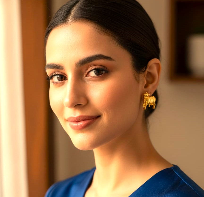 Traditional Gold Bull Stud Earrings for Women | Brass Nandi Motif Ethnic Earrings
