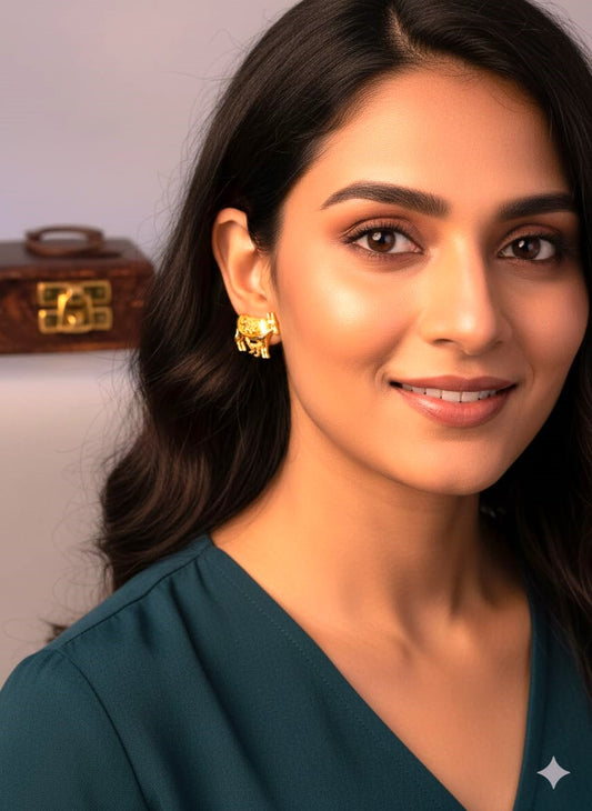 Traditional Gold Cow Stud Earrings for Women | Brass Kamdhenu Motif Earrings