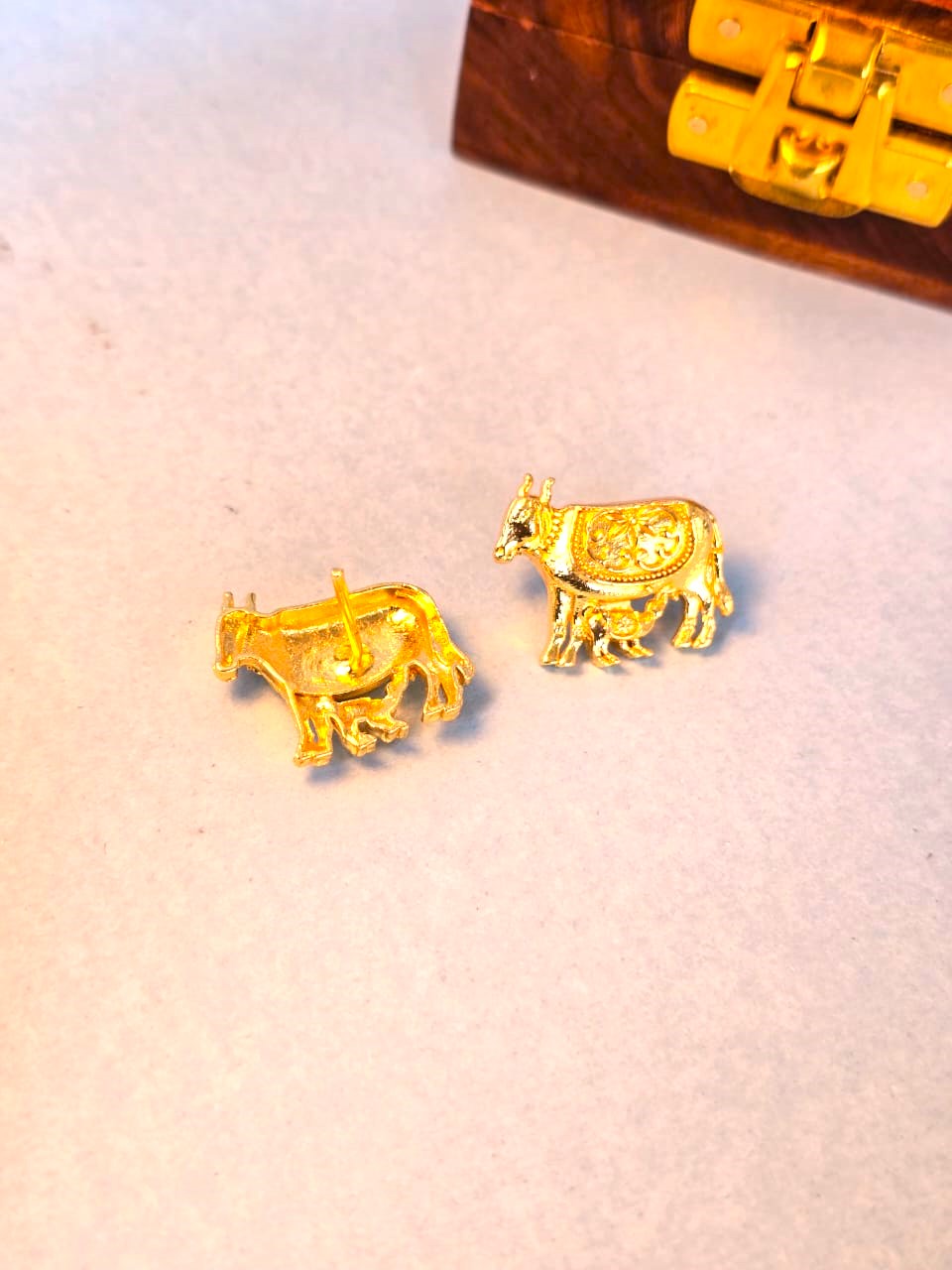 Traditional Gold Cow Stud Earrings for Women | Brass Kamdhenu Motif Earrings