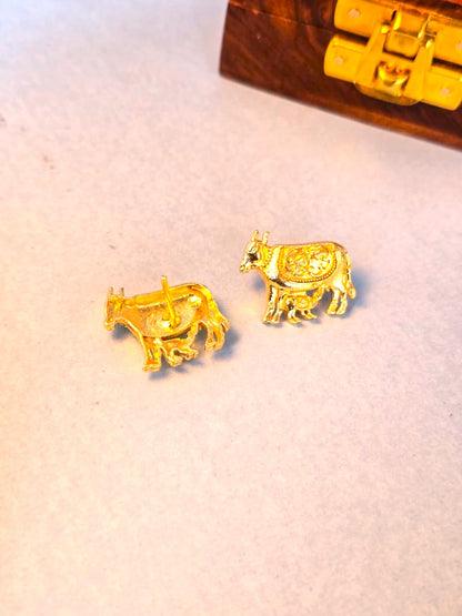 Traditional Gold Cow Stud Earrings for Women | Brass Kamdhenu Motif Earrings