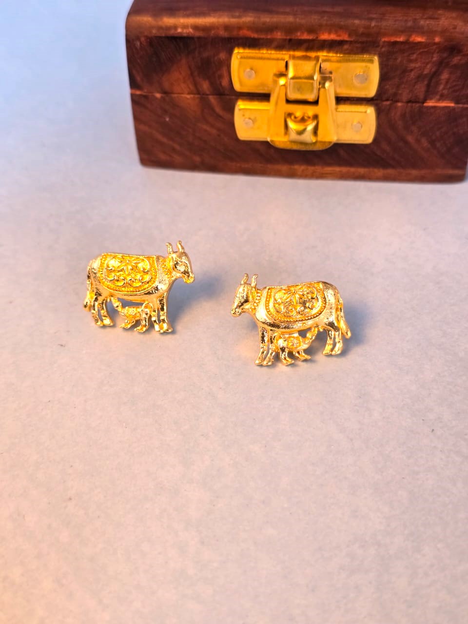 Traditional Gold Cow Stud Earrings for Women | Brass Kamdhenu Motif Earrings