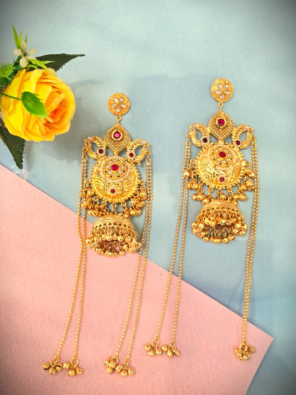 Traditional Gold Polish Jhumka Earrings in Brass | Bridal & Wedding Wear Statement Earrings