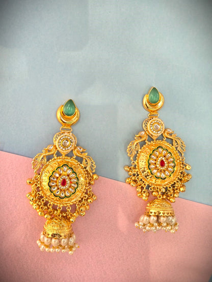 Traditional Gold Polish Kundan Jhumka Earrings with Pearls | Bridal & Festive Wear Brass Earrings