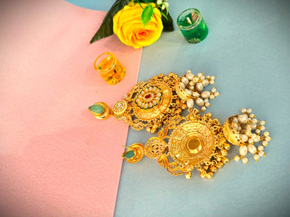 Traditional Gold Polish Kundan Jhumka Earrings with Pearls | Bridal & Festive Wear Brass Earrings