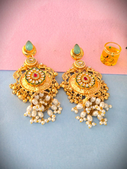Traditional Gold Polish Kundan Jhumka Earrings with Pearls | Bridal & Festive Wear Brass Earrings