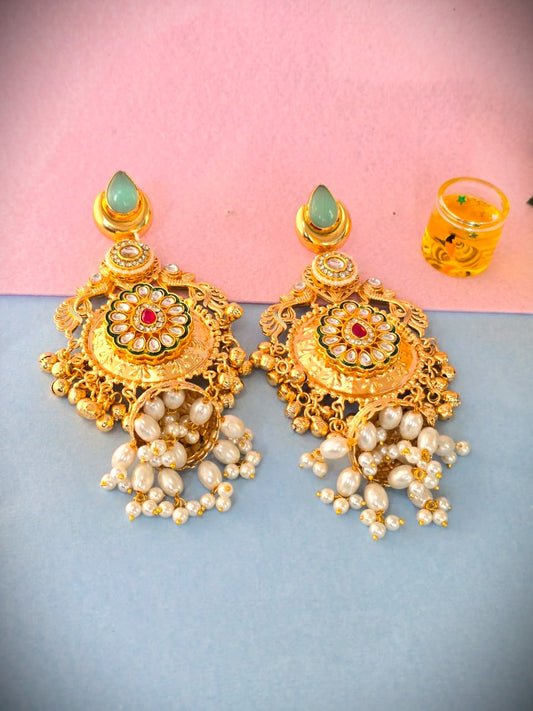 Traditional Gold Polish Kundan Jhumka Earrings with Pearls | Bridal & Festive Wear Brass Earrings