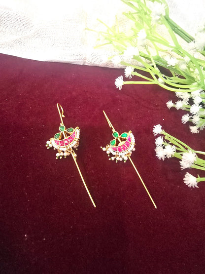 Traditional Kundan Ear Cuff with Pink & Green Stones