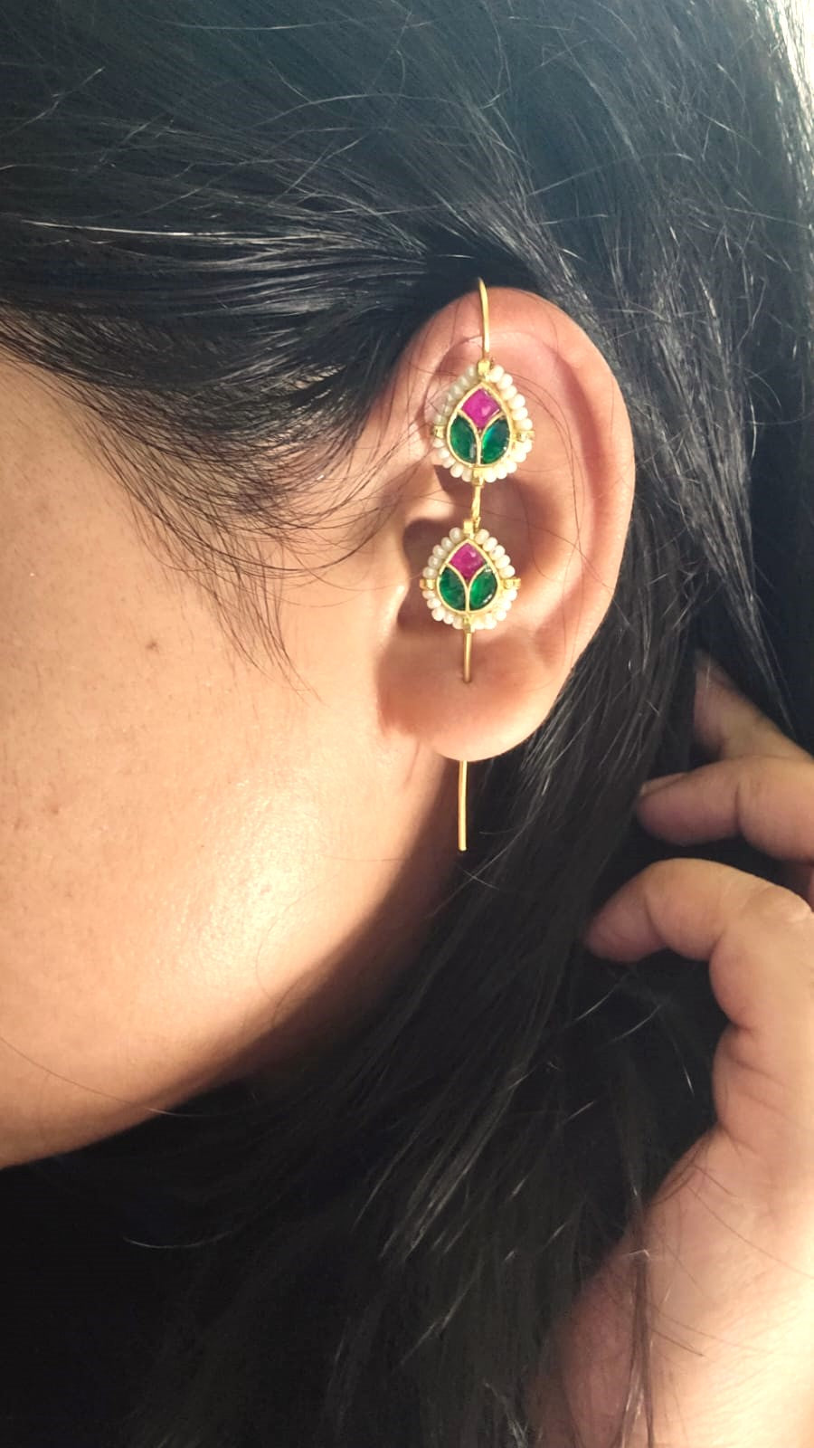 Traditional Kundan Ear Cuff with Pink & Green Stones