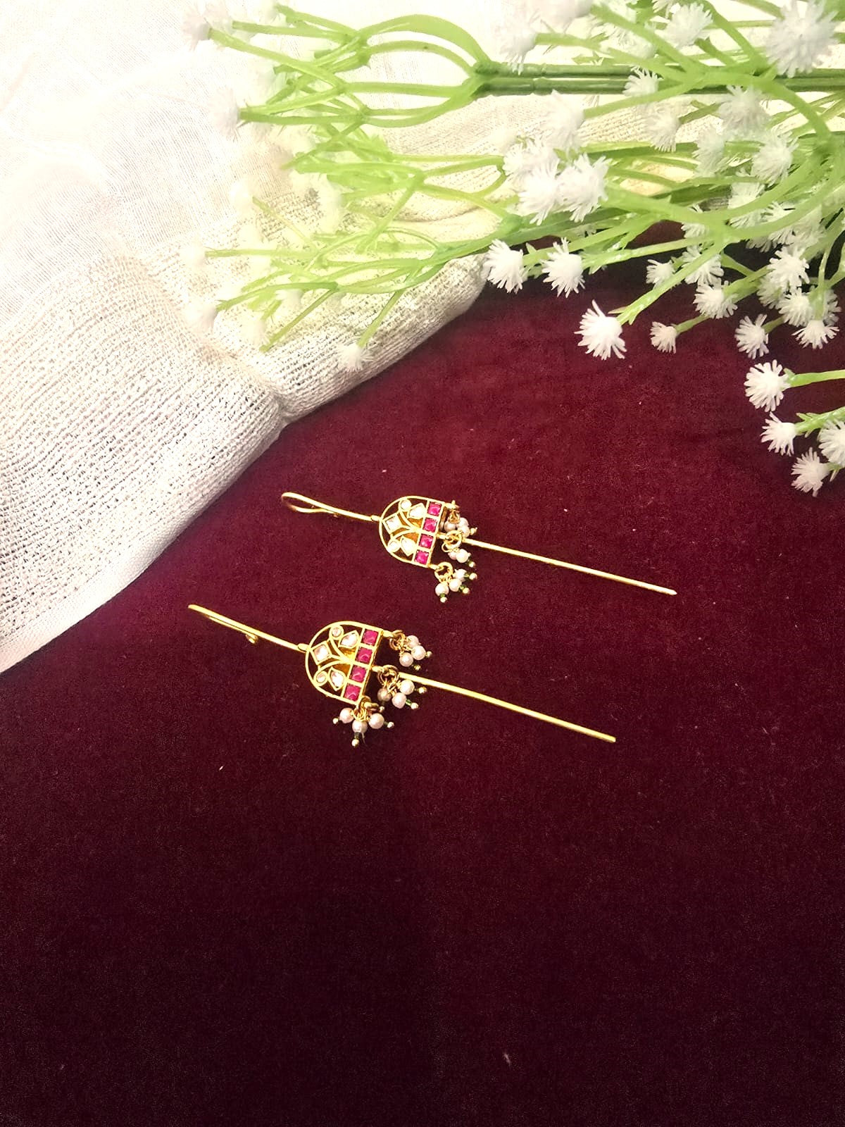 Traditional Kundan Ear Cuff with Pink Stones & Pearl Bead