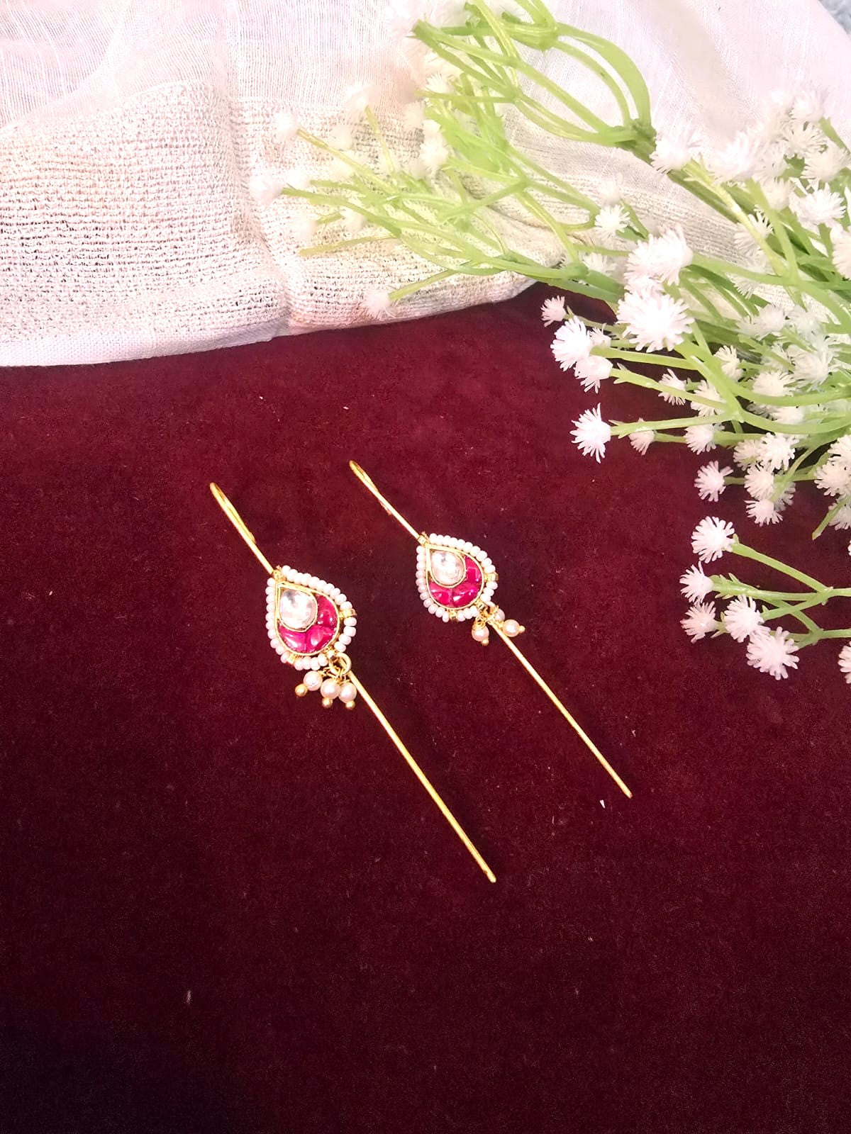Traditional Kundan Ear Cuff with Pink & white Stones