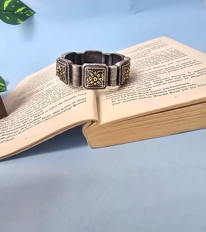 Vintage Oxidised Silver Square Floral Statement Bangle ( in pair)