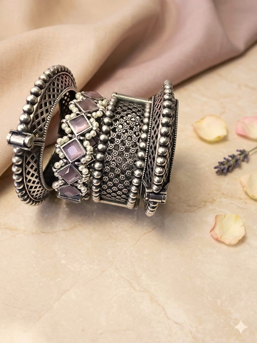 Vintage Oxidised Silver Statement Bangles Set for Women | Antique Ethnic Stack Bangles