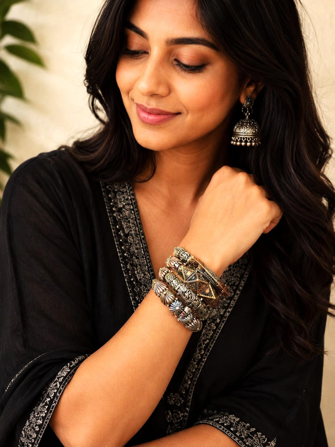 Vintage Oxidised Silver Replica Bangle Stack for Women