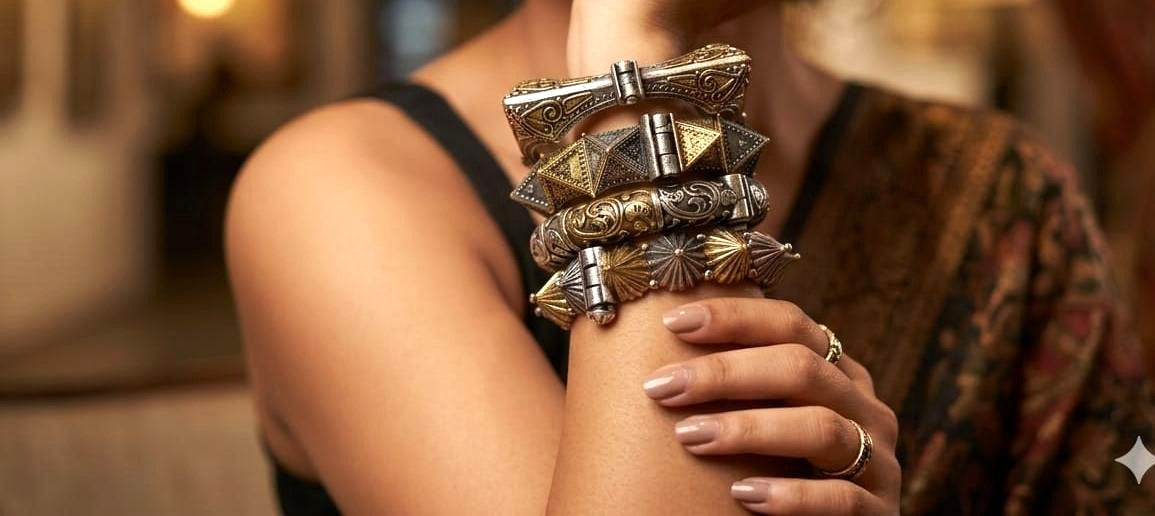 Vintage Oxidised Silver Replica Bangle Stack for Women