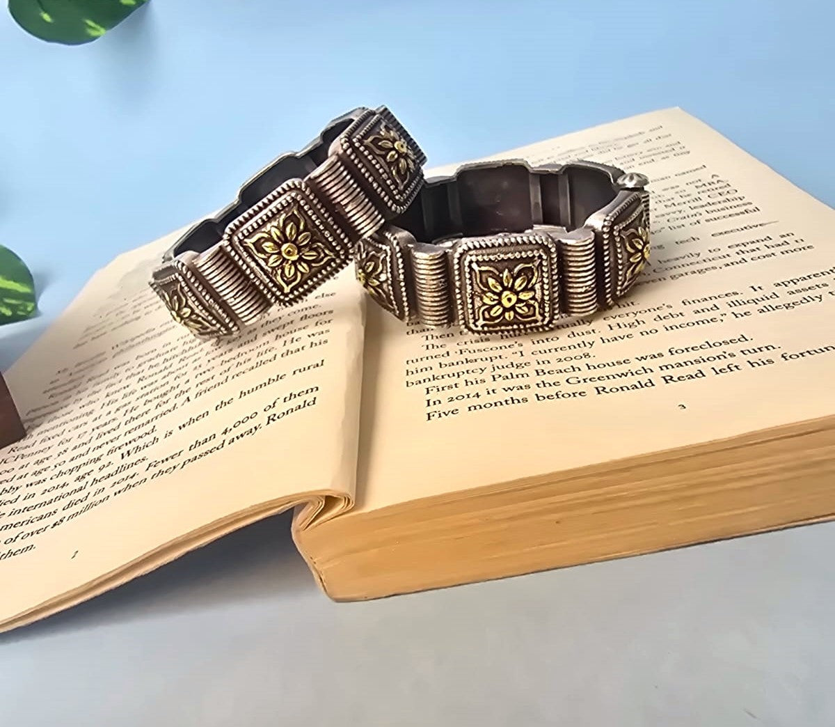 Vintage Oxidised Silver Square Floral Statement Bangle ( in pair)