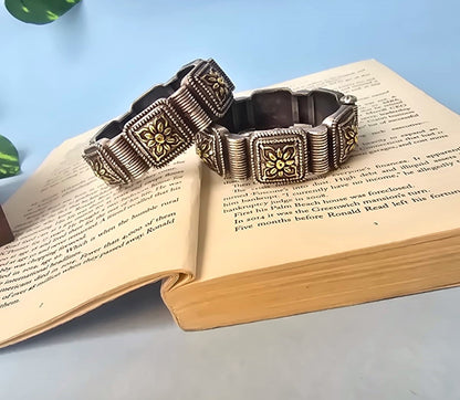 Vintage Oxidised Silver Square Floral Statement Bangle ( in pair)