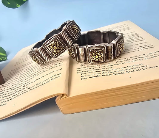 Vintage Oxidised Silver Square Floral Statement Bangle ( in pair)