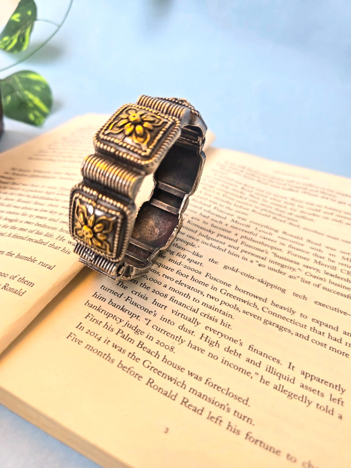 Vintage Oxidised Silver Square Floral Statement Bangle ( in pair)