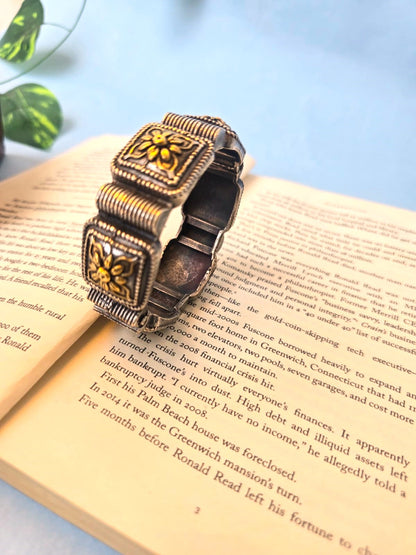 Vintage Oxidised Silver Square Floral Statement Bangle ( in pair)