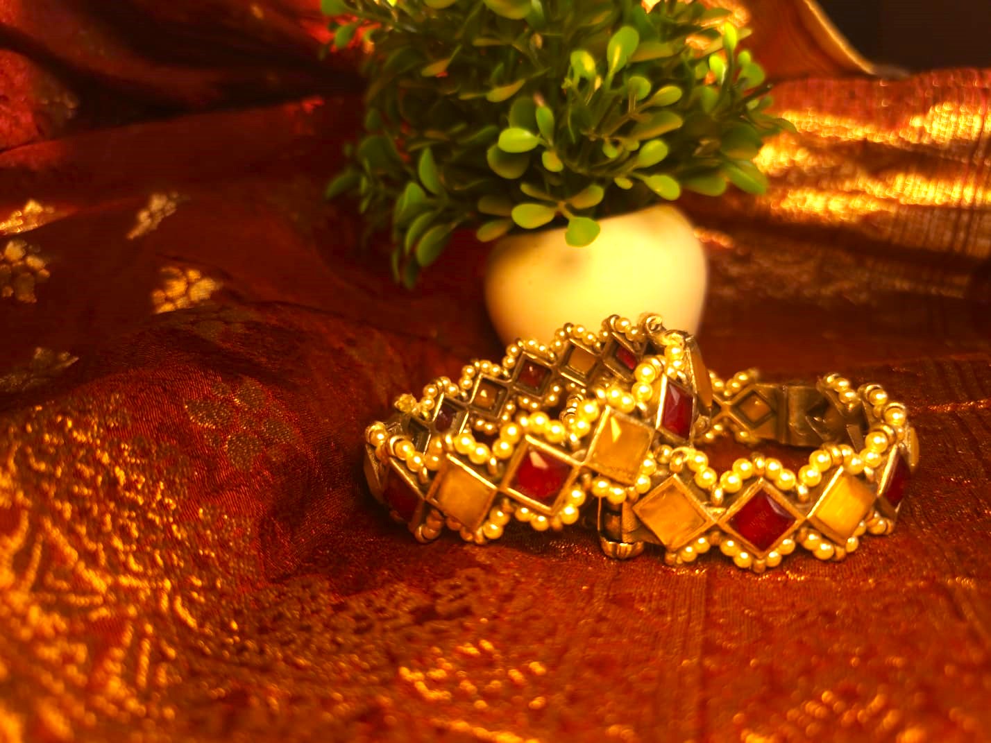 Yellow and Red  Stone Pearl Kada Bangle for Women ( in pair )