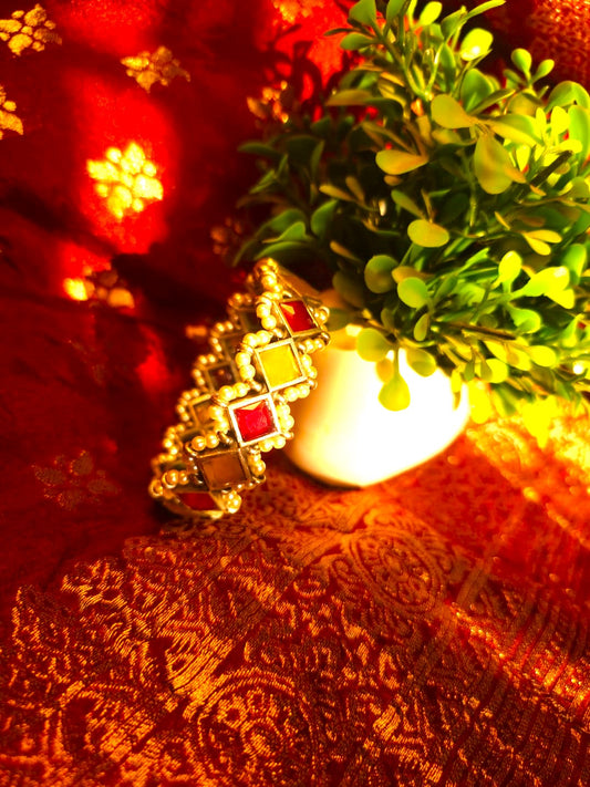 Yellow and Red  Stone Pearl Kada Bangle for Women ( in pair )