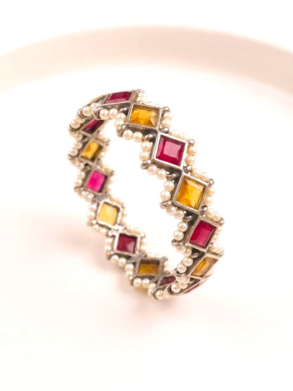 Yellow and Red  Stone Pearl Kada Bangle for Women ( in pair )
