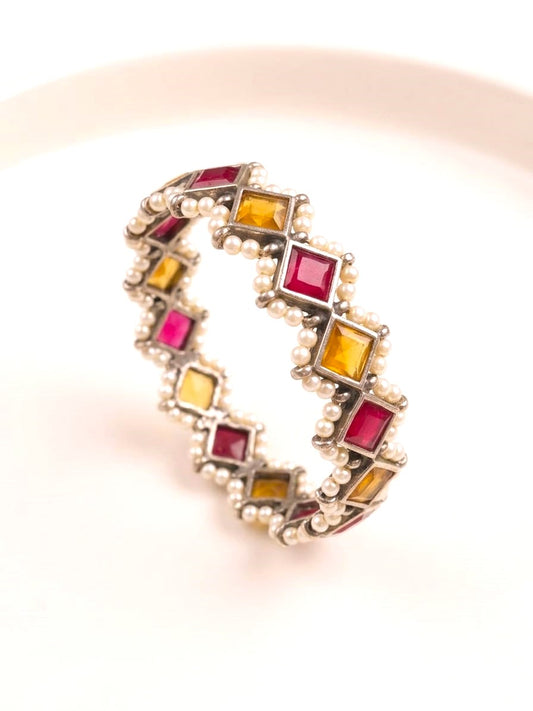 Yellow and Red  Stone Pearl Kada Bangle for Women ( in pair )