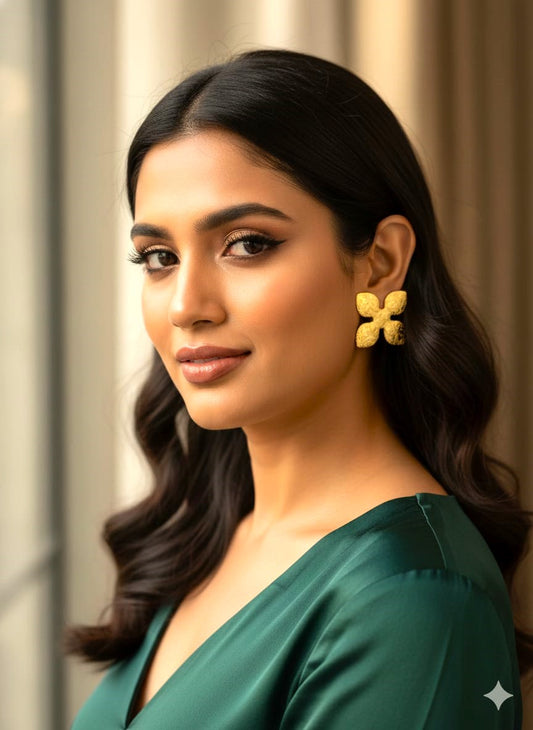 Textured Floral Brass Stud Earrings for Women