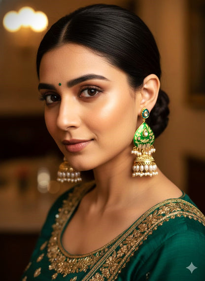 Green Meenakari Pearl Jhumka Earrings ,Traditional Bridal & Festive Wear