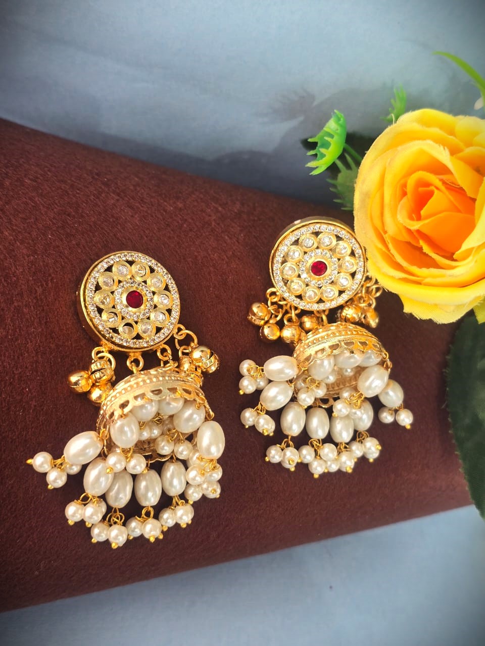 handcrafted gold polish Kundan pearl jhumka earrings