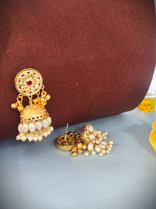 handcrafted gold polish Kundan pearl jhumka earrings