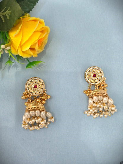 handcrafted gold polish Kundan pearl jhumka earrings