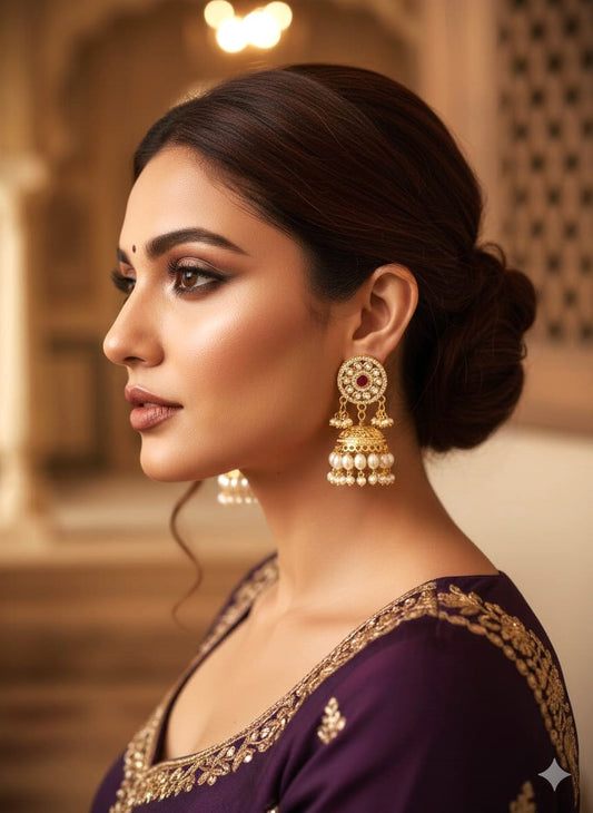 handcrafted gold polish Kundan pearl jhumka earrings