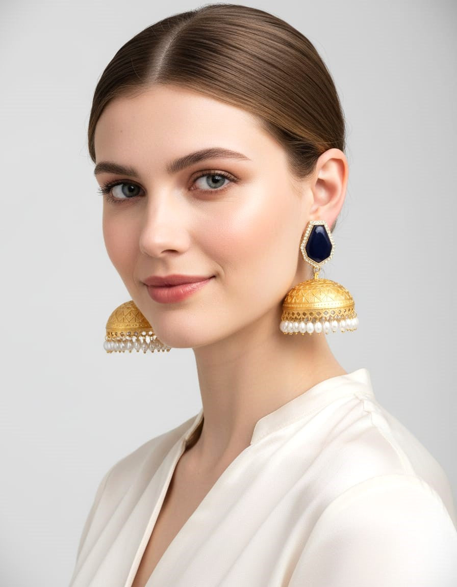 Gold Finish Traditional Jhumki Earrings with Blue Stone & Pearl Drops