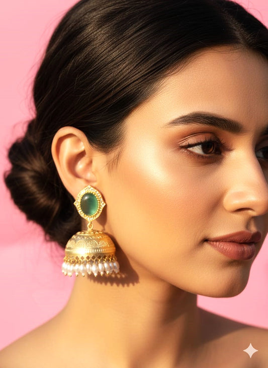 Traditional Jhumki Earrings with Green Stone & Pearl Drops- Gold finish ethnic jewellery