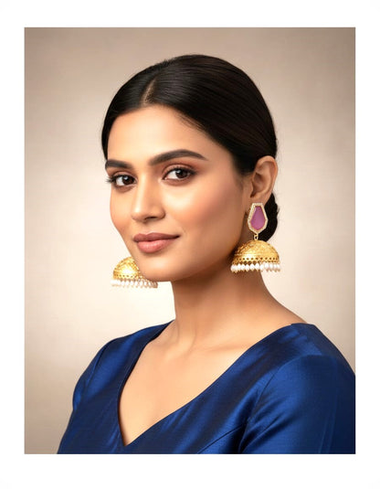 Traditional Jhumki Earrings with Pink Stone & Pearl Drops- Gold finish ethnic jewellery