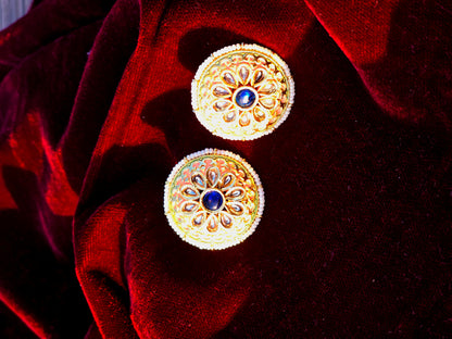Gold Finish Round Kundan Stud Earrings with Blue Stone for Women | Traditional Ethnic Earrings – RavJyoti