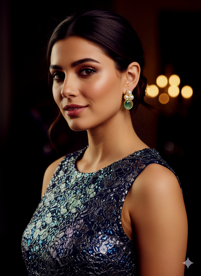 Gold Finish Green Stone & Pearl Stud Earrings for Women | Elegant Minimal Designer Earrings – RavJyoti