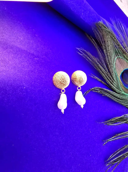 textured gold disc pearl drop earrings