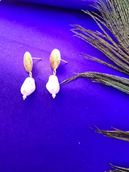 textured gold disc pearl drop earrings