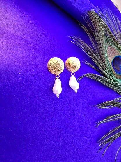 textured gold disc pearl drop earrings