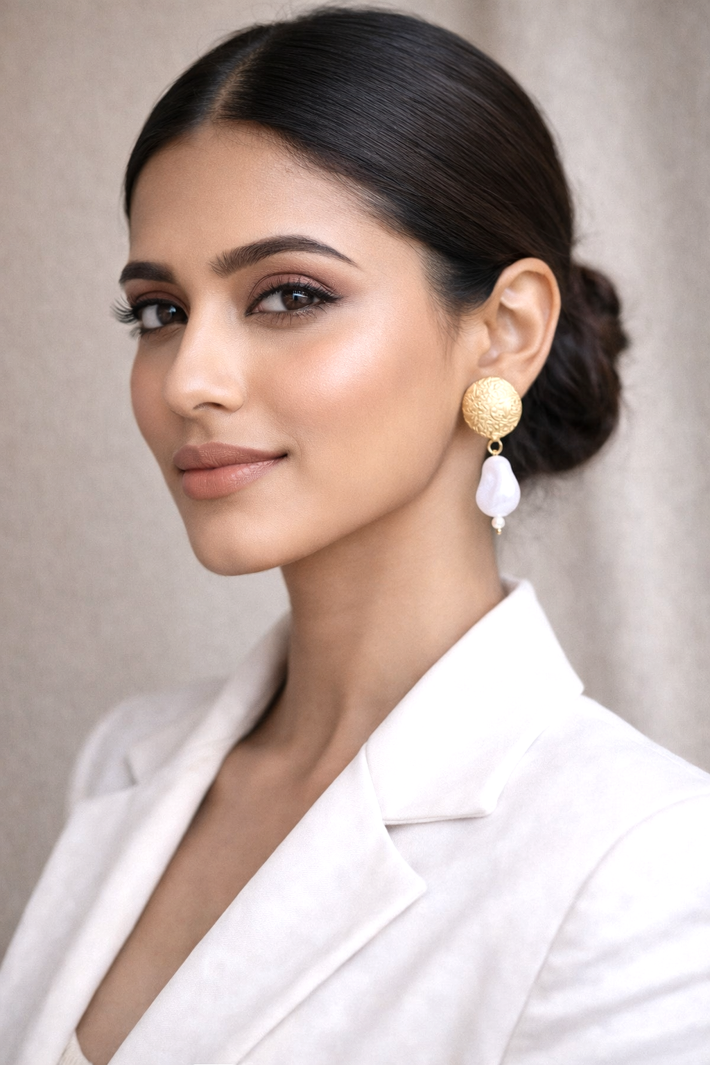 textured gold disc pearl drop earrings